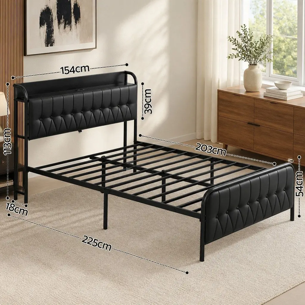 Queen Bed Frame Black Upholstered with Storage Headboard and Charging Station 154W x 225L x 113H cm