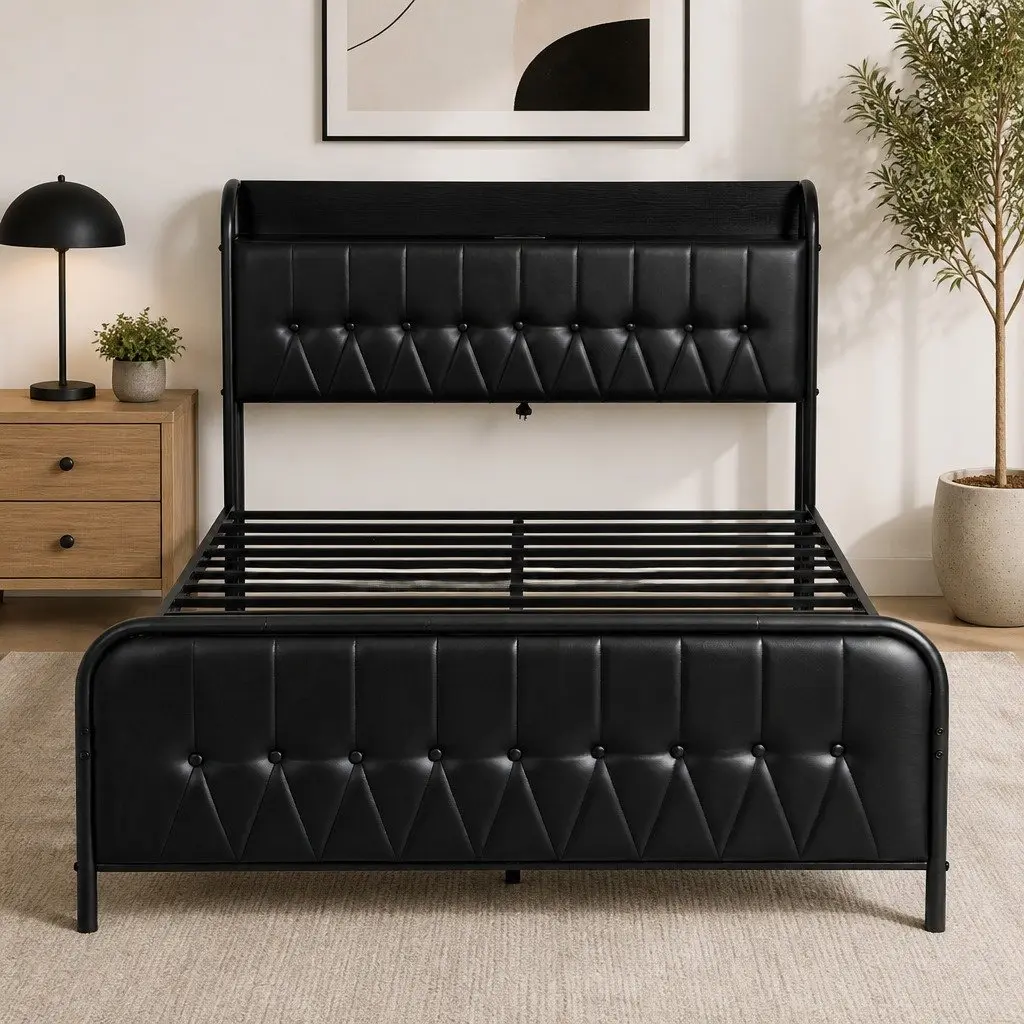 Queen Bed Frame Black Upholstered with Storage Headboard and Charging Station 154W x 225L x 113H cm