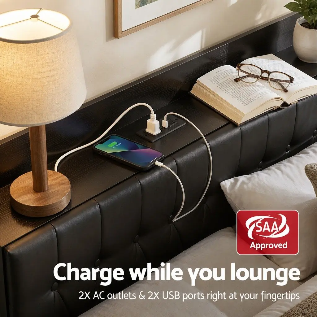 Queen Bed Frame Black Upholstered with Storage Headboard and Charging Station 154W x 225L x 113H cm