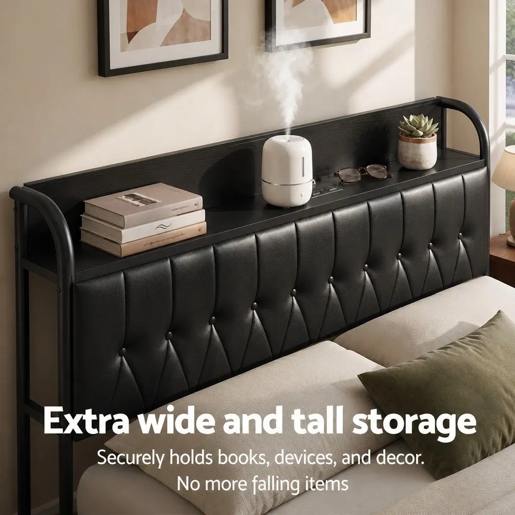 Queen Bed Frame Black Upholstered with Storage Headboard and Charging Station 154W x 225L x 113H cm