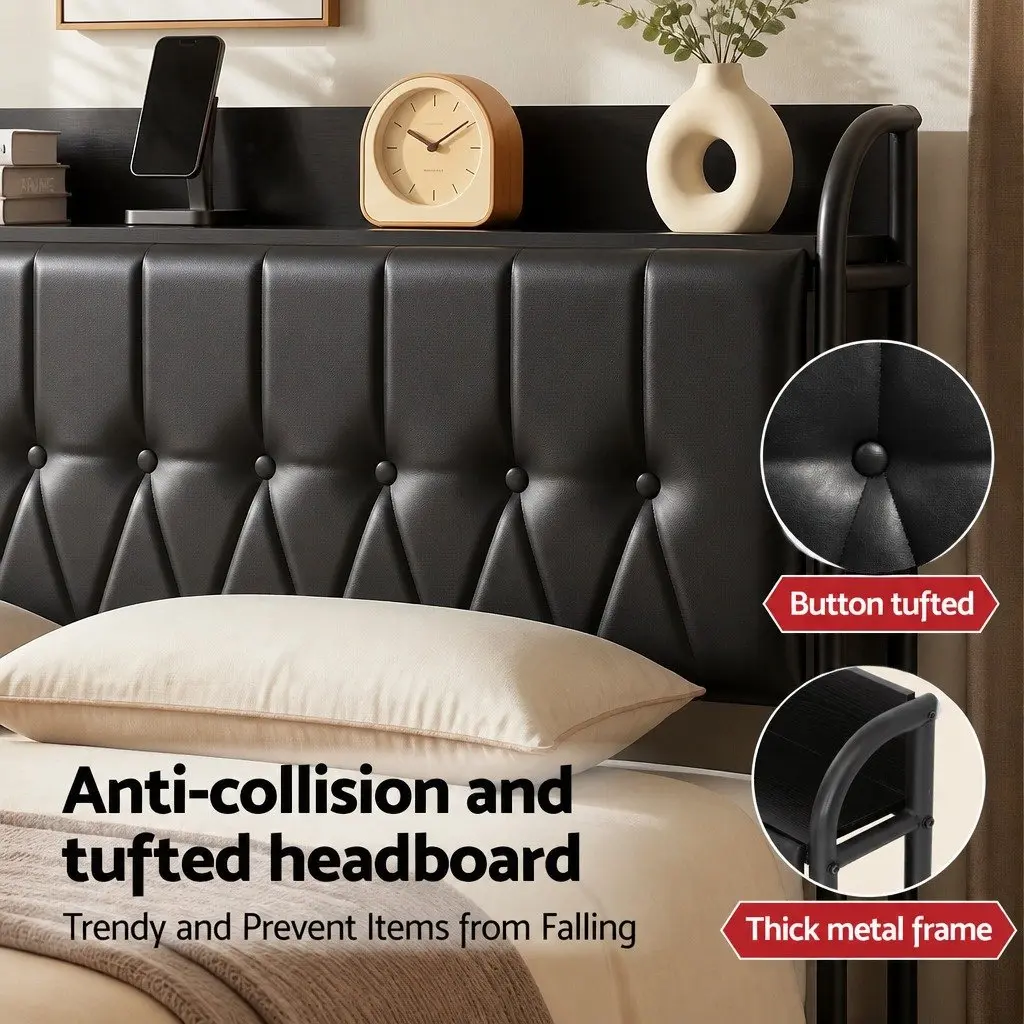 Queen Bed Frame Black Upholstered with Storage Headboard and Charging Station 154W x 225L x 113H cm
