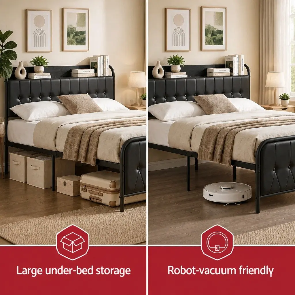 Queen Bed Frame Black Upholstered with Storage Headboard and Charging Station 154W x 225L x 113H cm