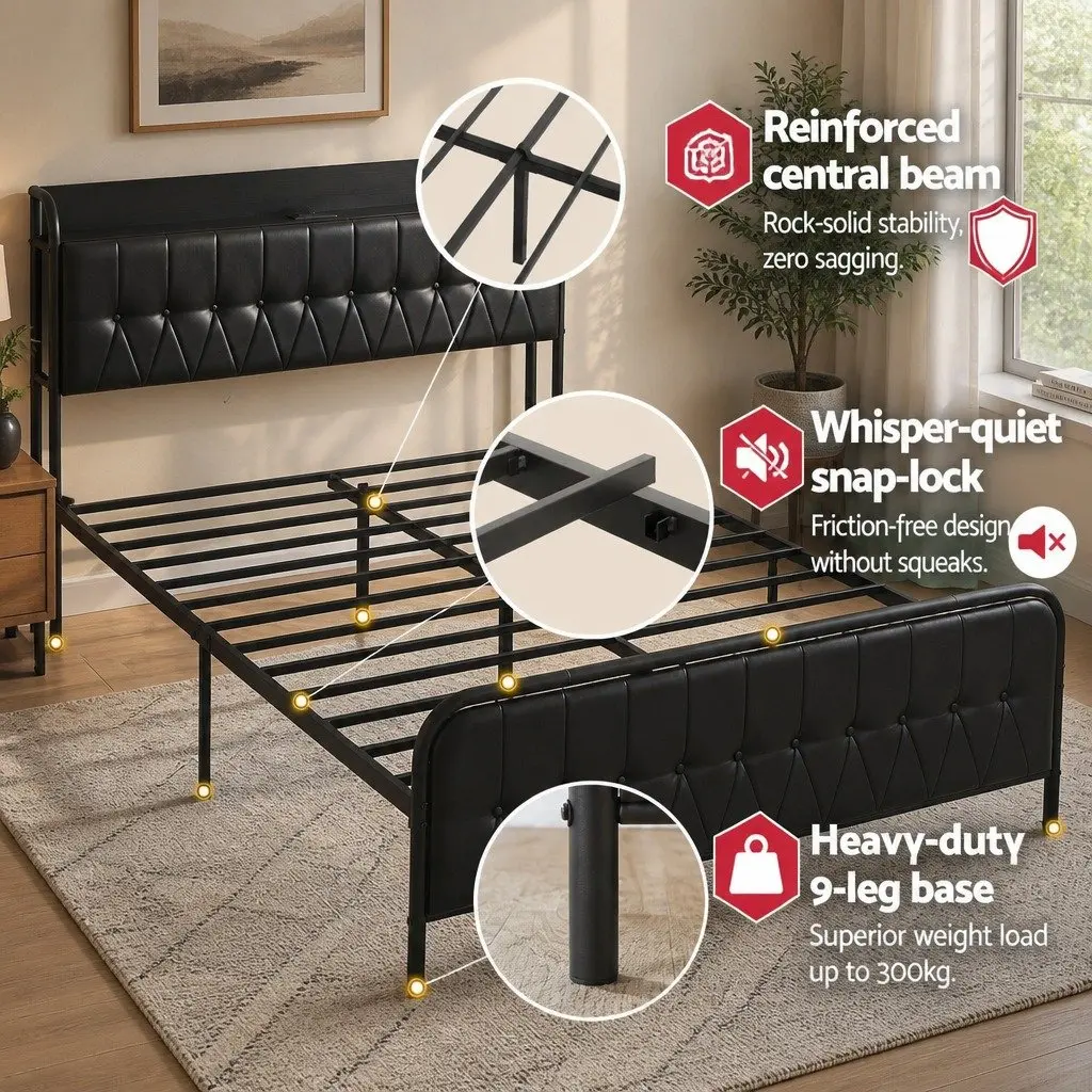 Queen Bed Frame Black Upholstered with Storage Headboard and Charging Station 154W x 225L x 113H cm