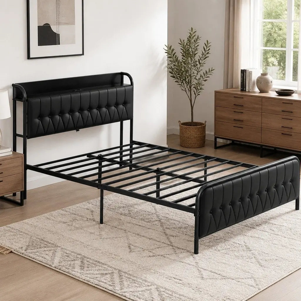 Queen Bed Frame Black Upholstered with Storage Headboard and Charging Station 154W x 225L x 113H cm