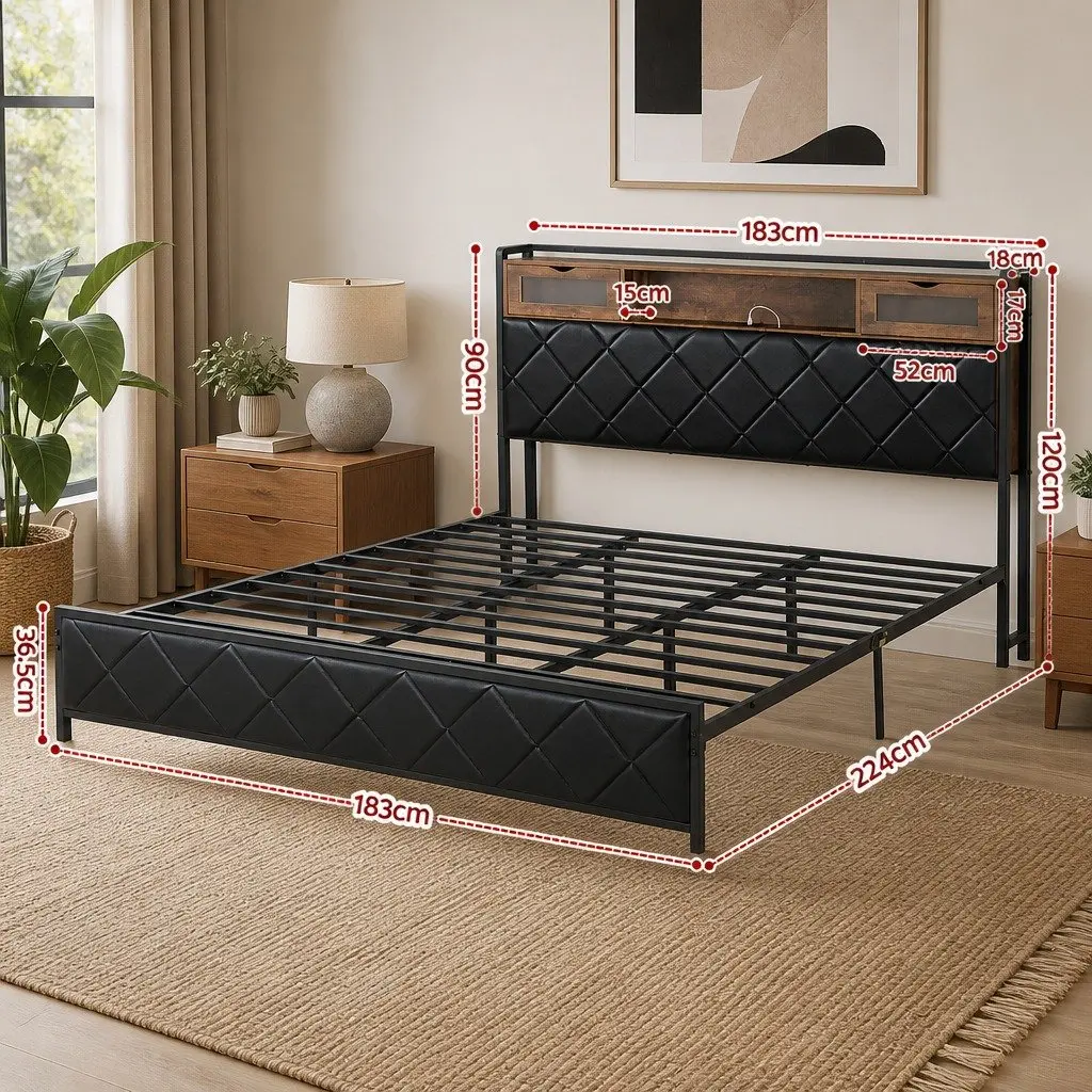 King Size Bed Frame with Storage Headboard LED Lighting Charging Station Black