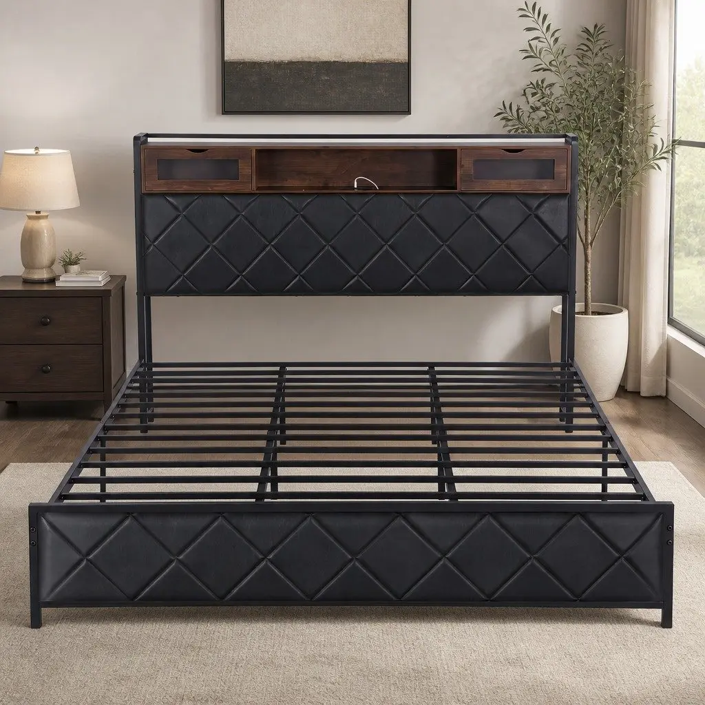 King Size Bed Frame with Storage Headboard LED Lighting Charging Station Black