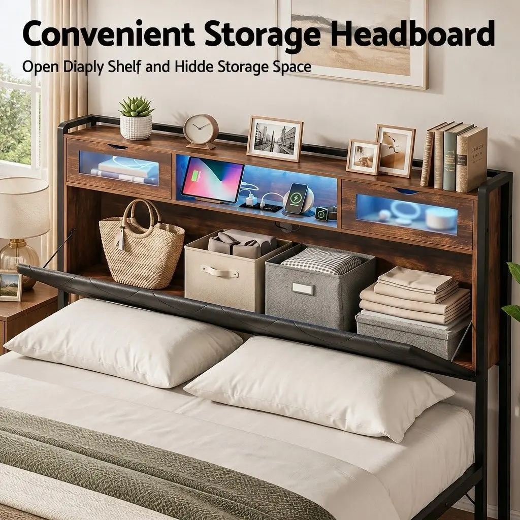 King Size Bed Frame with Storage Headboard LED Lighting Charging Station Black