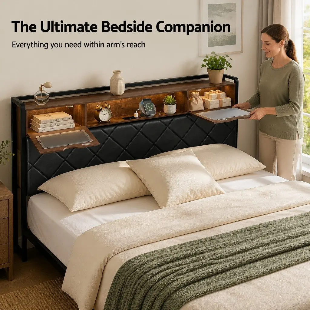 King Size Bed Frame with Storage Headboard LED Lighting Charging Station Black