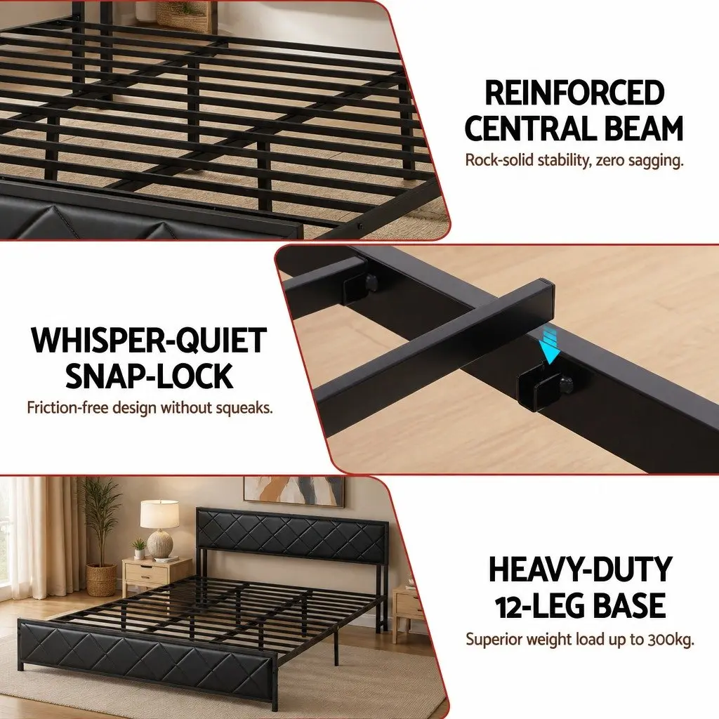 King Size Bed Frame with Storage Headboard LED Lighting Charging Station Black