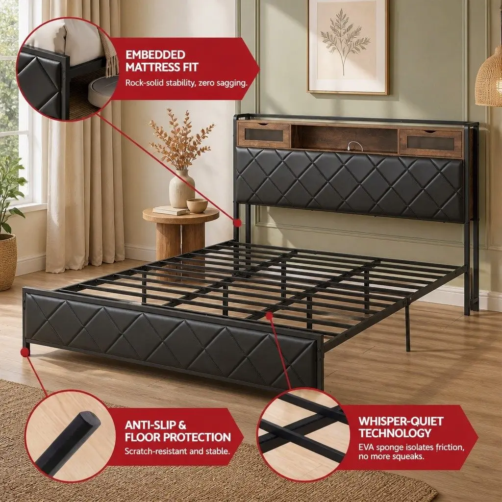 King Size Bed Frame with Storage Headboard LED Lighting Charging Station Black