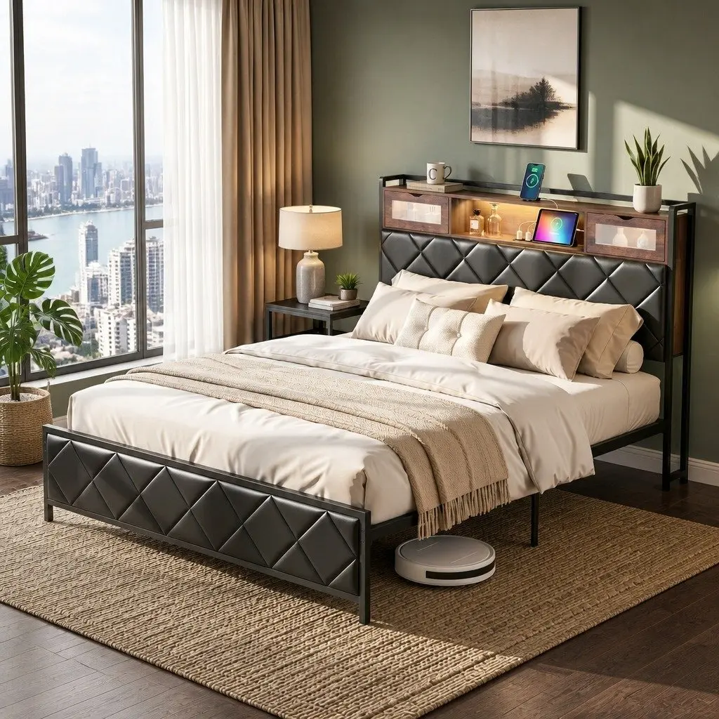 Queen Bed Frame with LED Lighting & Storage Space