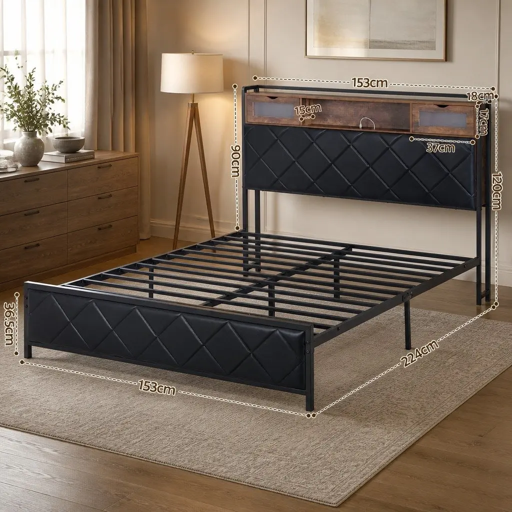 Queen Bed Frame Black with Storage Headboard LED Lights and USB Charging Station