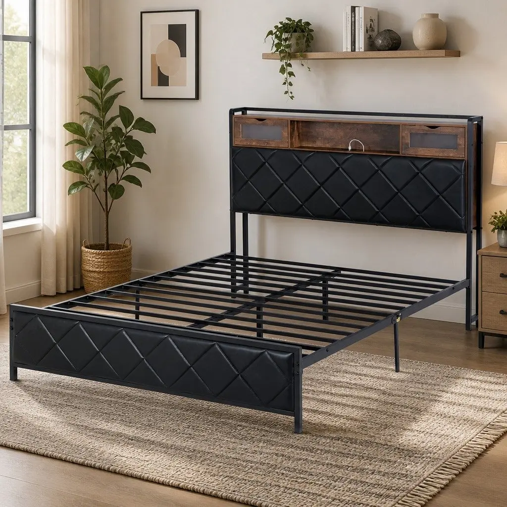 Queen Bed Frame Black with Storage Headboard LED Lights and USB Charging Station