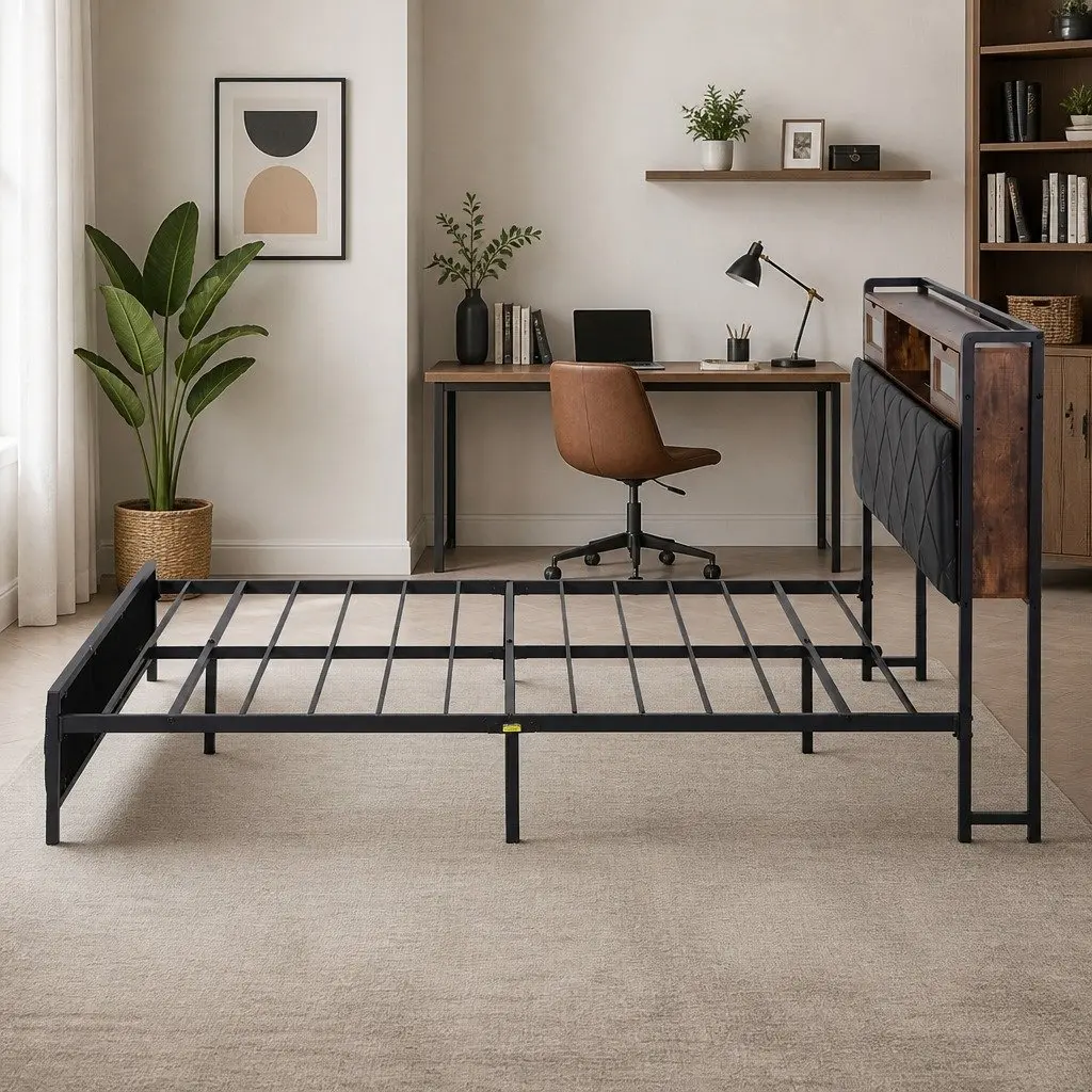 Queen Bed Frame Black with Storage Headboard LED Lights and USB Charging Station