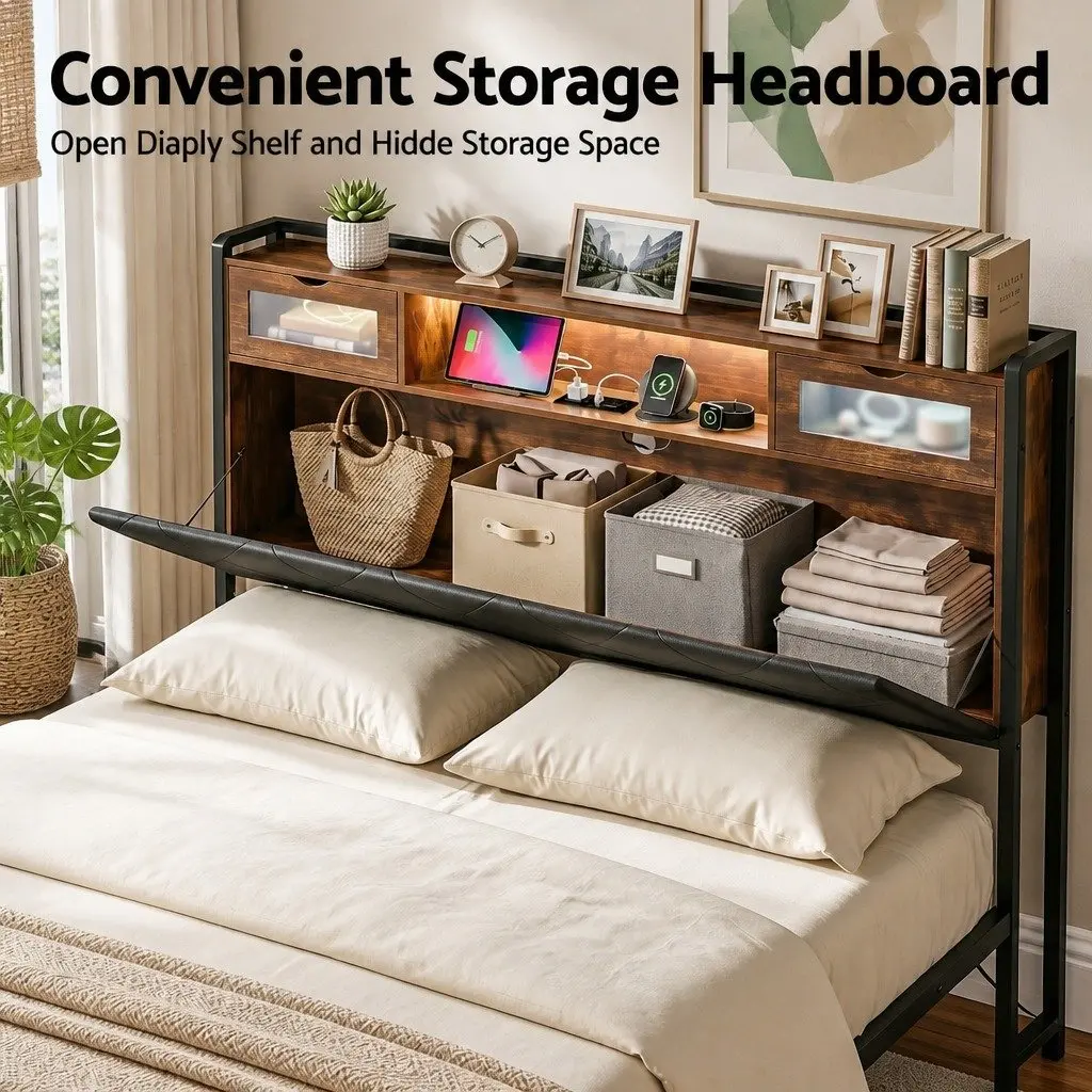 Queen Bed Frame Black with Storage Headboard LED Lights and USB Charging Station