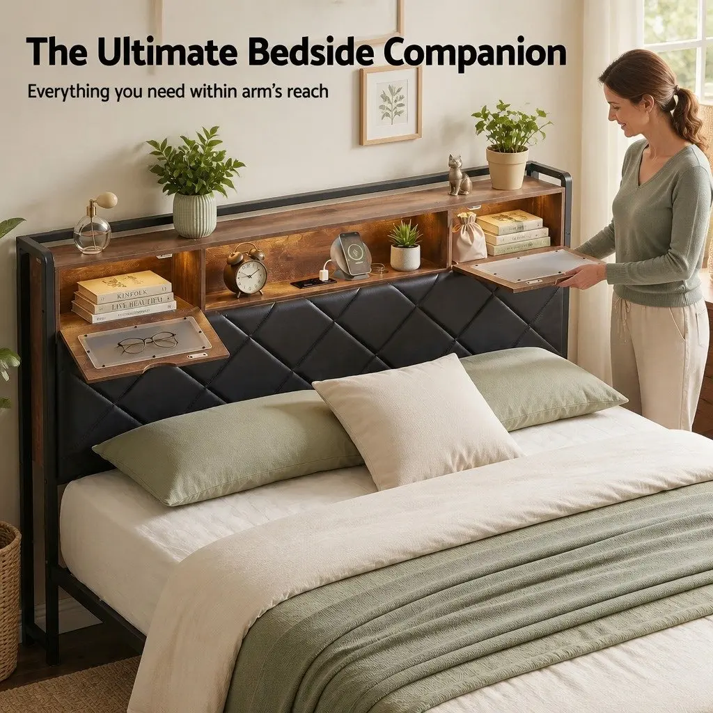 Queen Bed Frame Black with Storage Headboard LED Lights and USB Charging Station