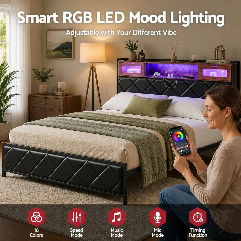 Queen Bed Frame Black with Storage Headboard LED Lights and USB Charging Station