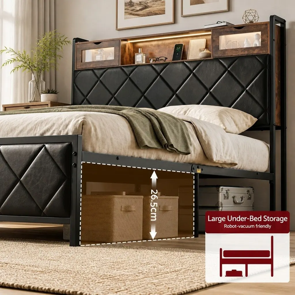 Queen Bed Frame Black with Storage Headboard LED Lights and USB Charging Station