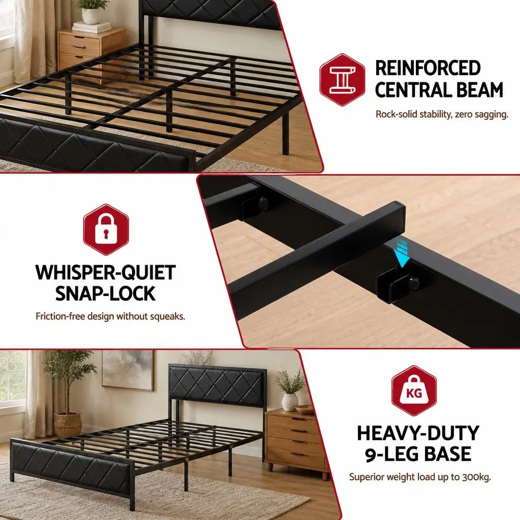 Queen Bed Frame Black with Storage Headboard LED Lights and USB Charging Station