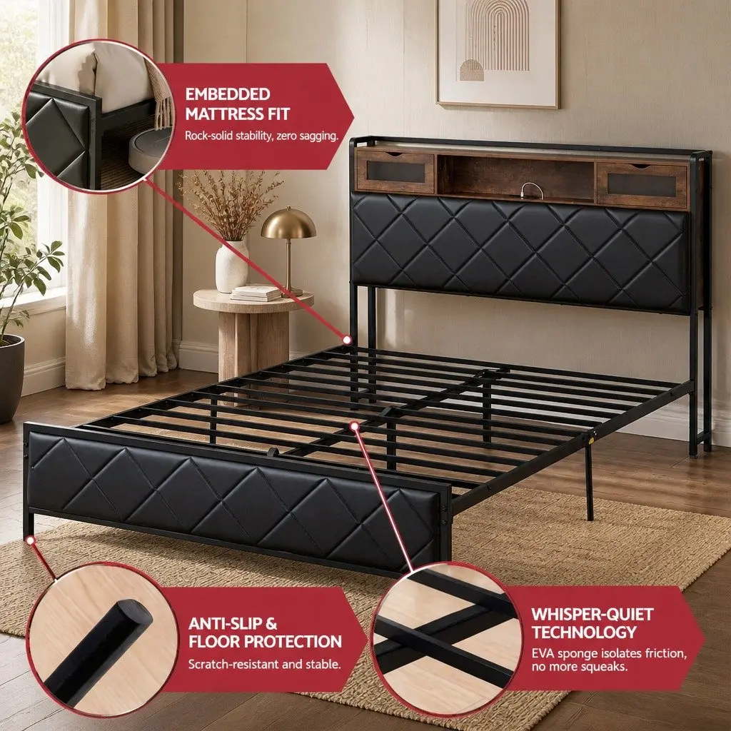 Queen Bed Frame Black with Storage Headboard LED Lights and USB Charging Station