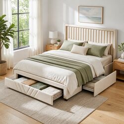 Queen Bed Frame with Charging Station Storage Drawers Beige 300KG Capacity
