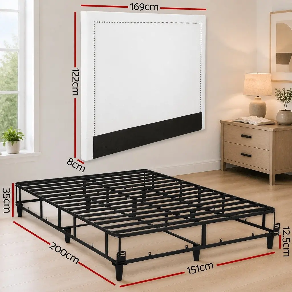 Queen Bed Frame with Fabric Headboard Platform Base Metal Slats Storage Grey