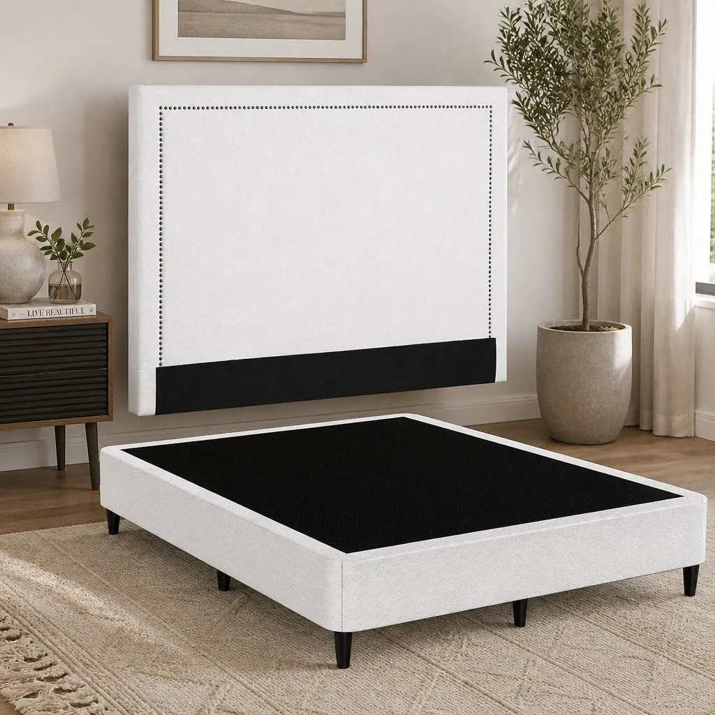 Queen Bed Frame with Fabric Headboard Platform Base Metal Slats Storage Grey