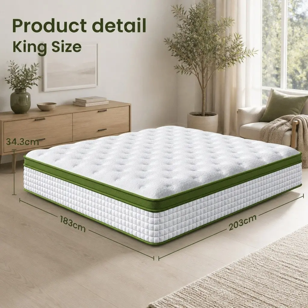 King Bed Frame with Mattress Set Upholstered Platform Base Hybrid Pocket Coil Medium Firm