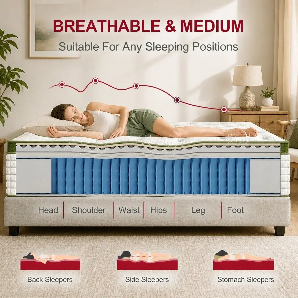 King Bed Frame with Mattress Set Upholstered Platform Base Hybrid Pocket Coil Medium Firm