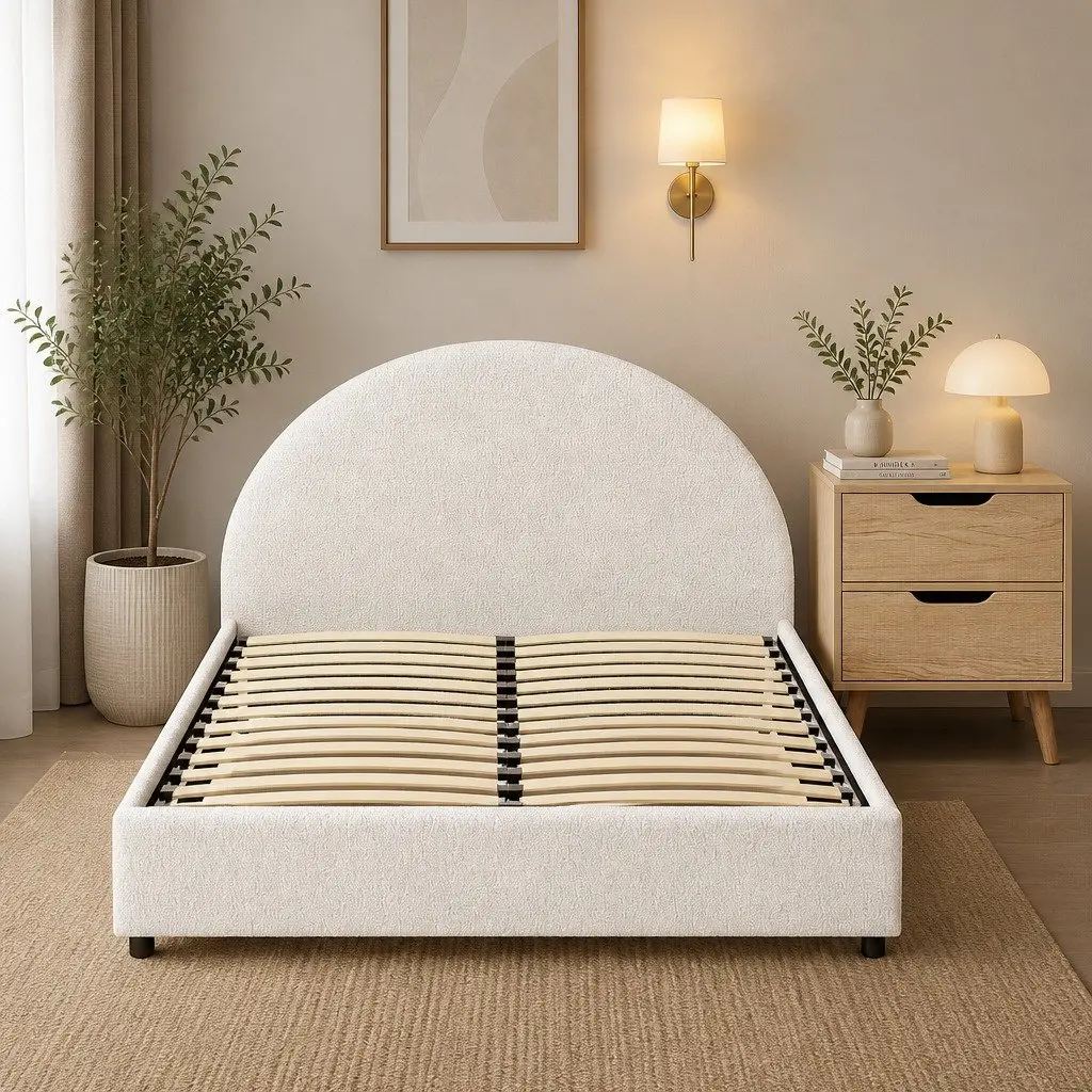 Queen Gas Lift Storage Bed Frame Boucle Upholstered with Bedside Table