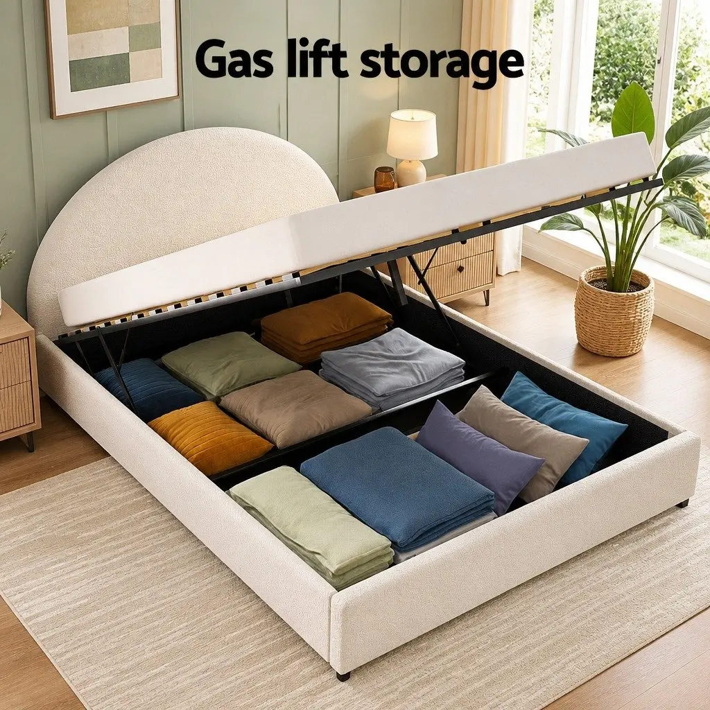 Queen Gas Lift Storage Bed Frame Boucle Upholstered with Bedside Table