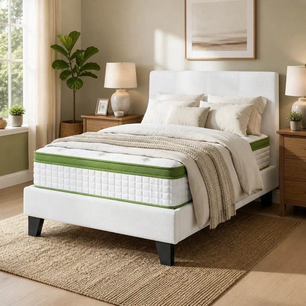 Single Bed Frame with Boucle Fabric Upholstered Headboard and Medium Firm Pocket Coil Hybrid Mattress