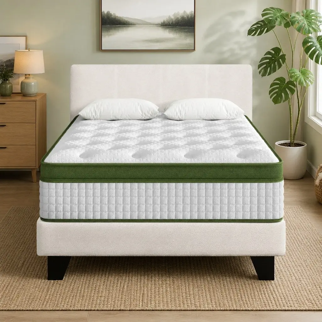 King Single Bed Frame Upholstered White Boucle with Hybrid Mattress Medium Firm Support