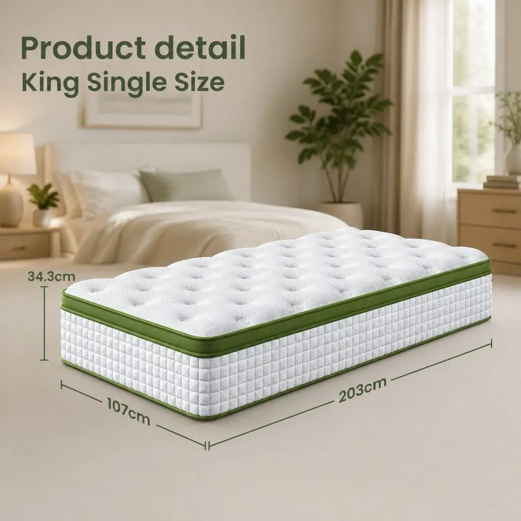 King Single Bed Frame Upholstered White Boucle with Hybrid Mattress Medium Firm Support