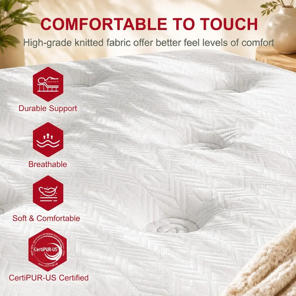 King Single Bed Frame Upholstered White Boucle with Hybrid Mattress Medium Firm Support