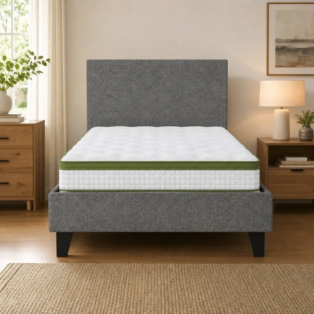 Single Bed Frame Upholstered Grey with 30cm Hybrid Mattress