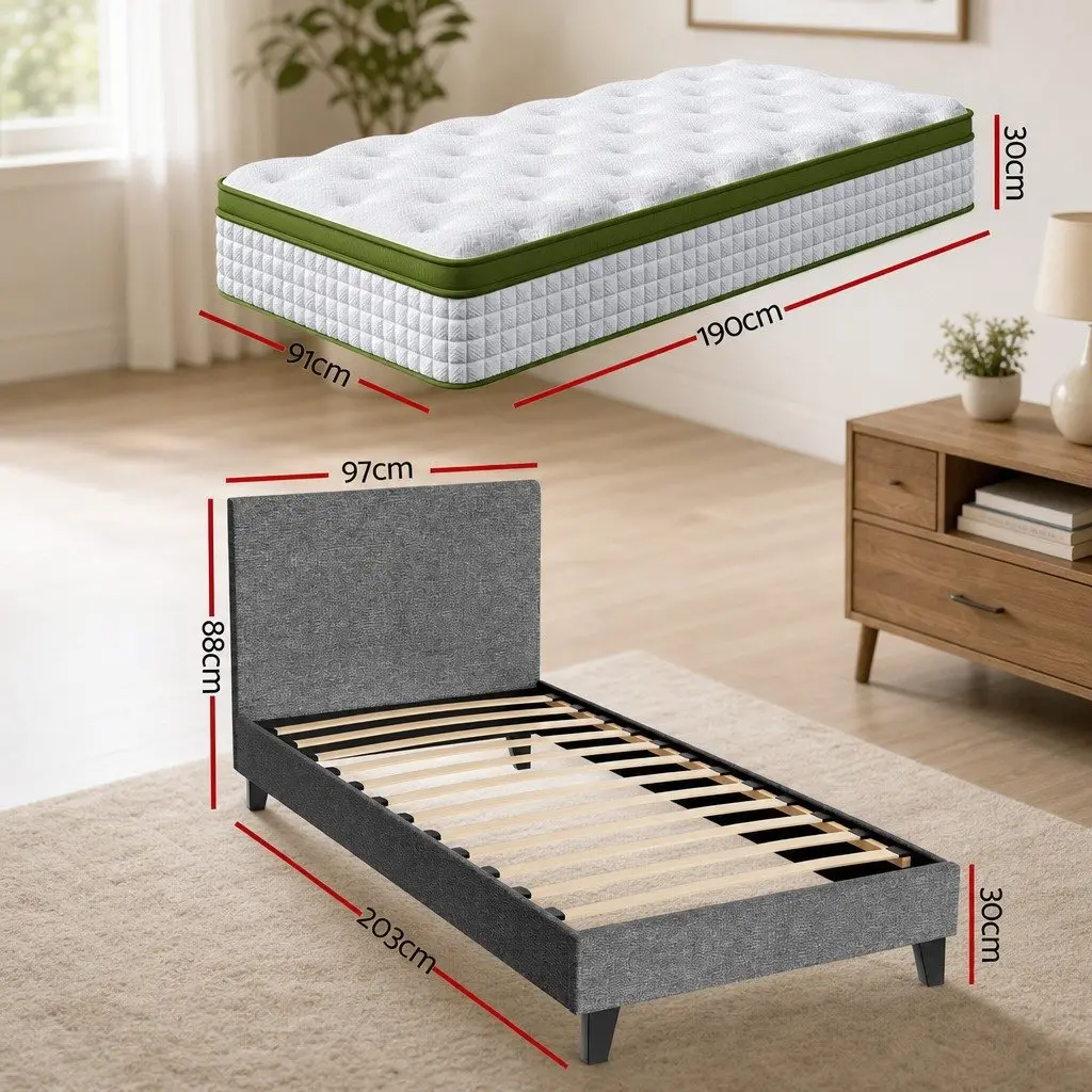 Single Bed Frame Upholstered Grey with 30cm Hybrid Mattress