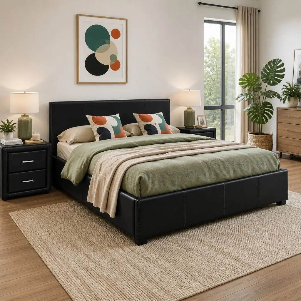 Queen Gas Lift Bed Frame & Bedside Table