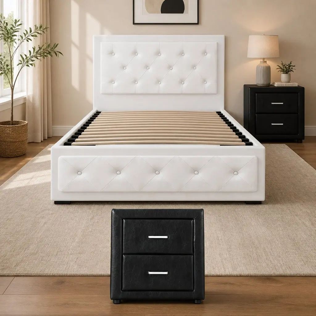 King Single Bed Frame Gas Lift Storage with Bedside Table Set White Black