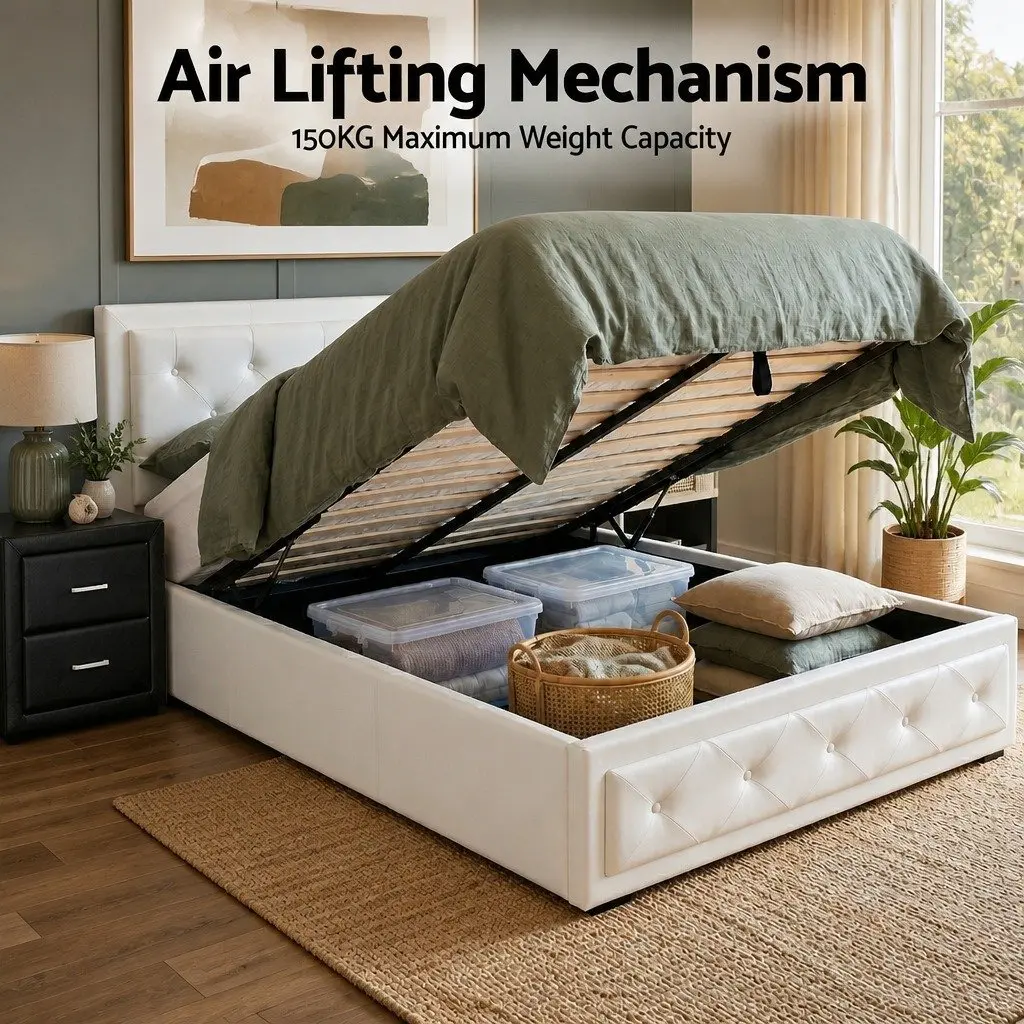 King Single Bed Frame Gas Lift Storage with Bedside Table Set White Black