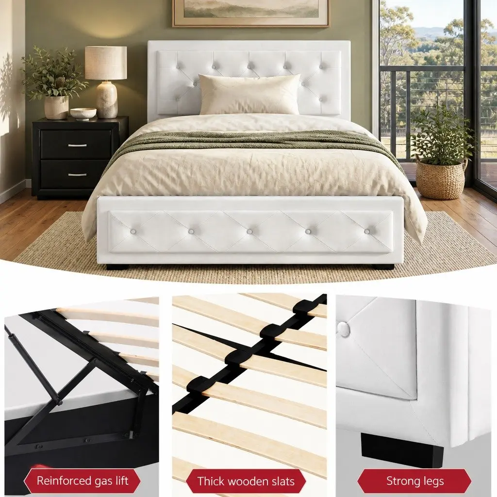 King Single Bed Frame Gas Lift Storage with Bedside Table Set White Black