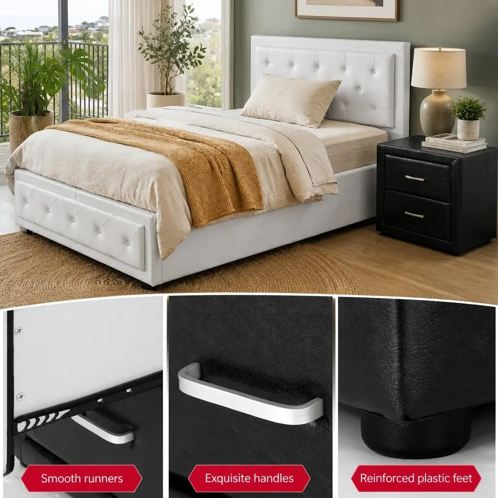 King Single Bed Frame Gas Lift Storage with Bedside Table Set White Black