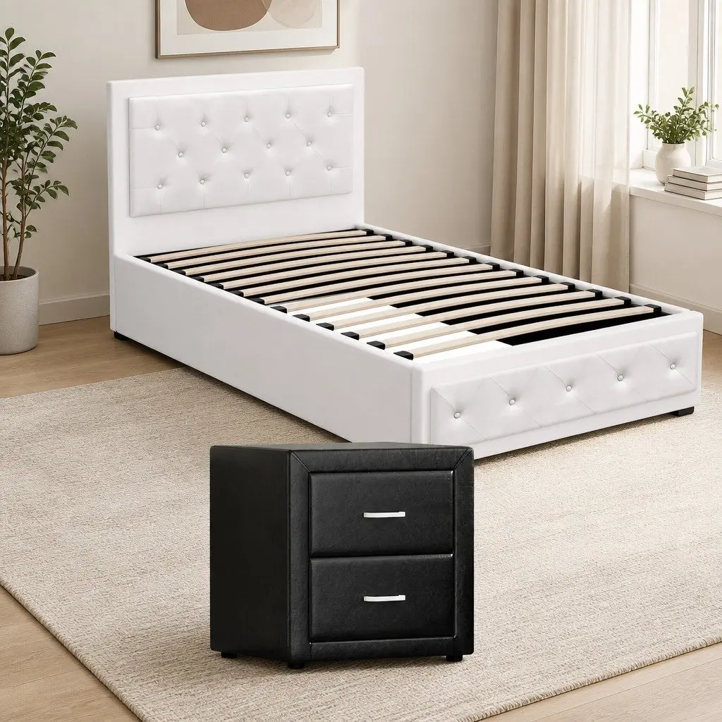 King Single Bed Frame Gas Lift Storage with Bedside Table Set White Black
