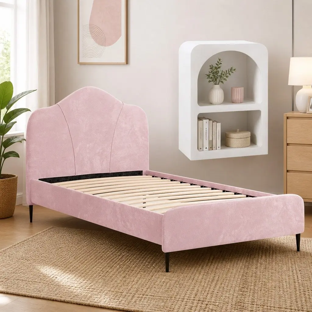 King Single Storage Bed Frame Velvet Upholstered Pink with Bedside Table White