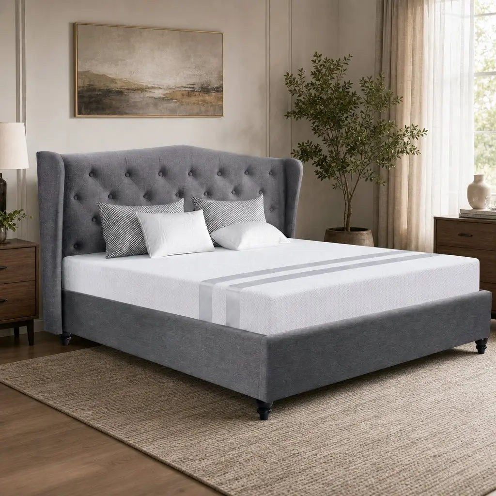 Double Bed Frame Tufted Wing Headboard Grey with Memory Foam Mattress Medium