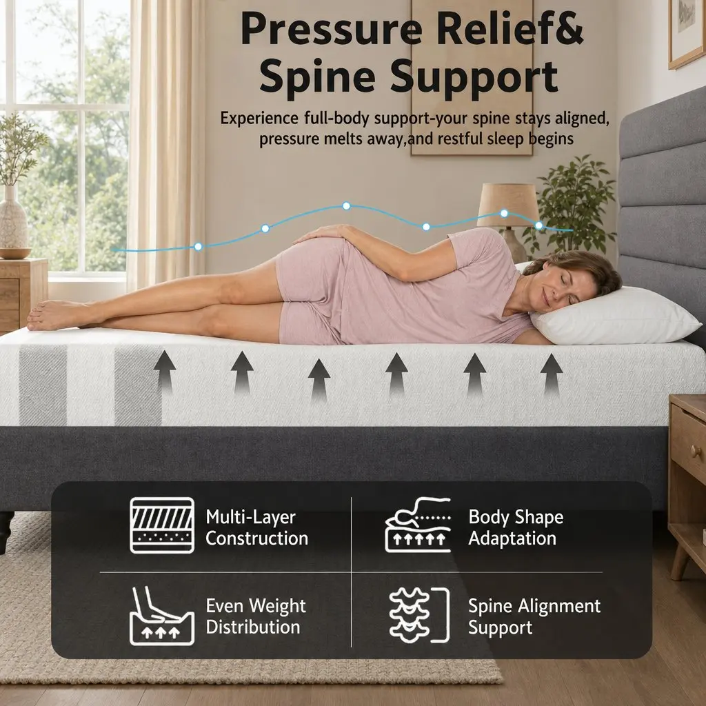 Double Bed Frame Tufted Wing Headboard Grey with Memory Foam Mattress Medium
