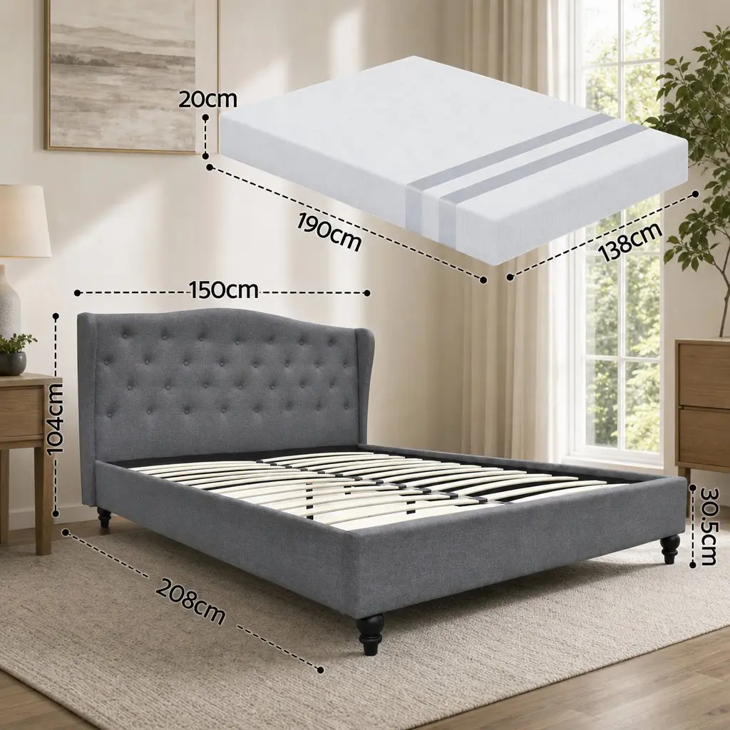 Double Bed Frame Tufted Wing Headboard Grey with Memory Foam Mattress Medium