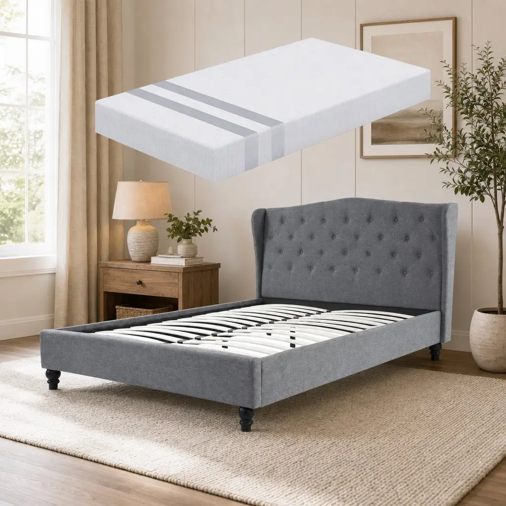 Double Bed Frame Tufted Wing Headboard Grey with Memory Foam Mattress Medium