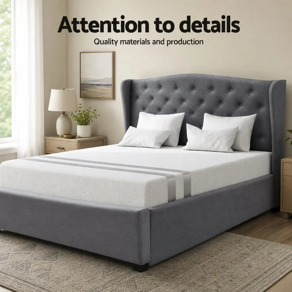 Double Bed Frame Tufted Wing Headboard Grey with Memory Foam Mattress Medium