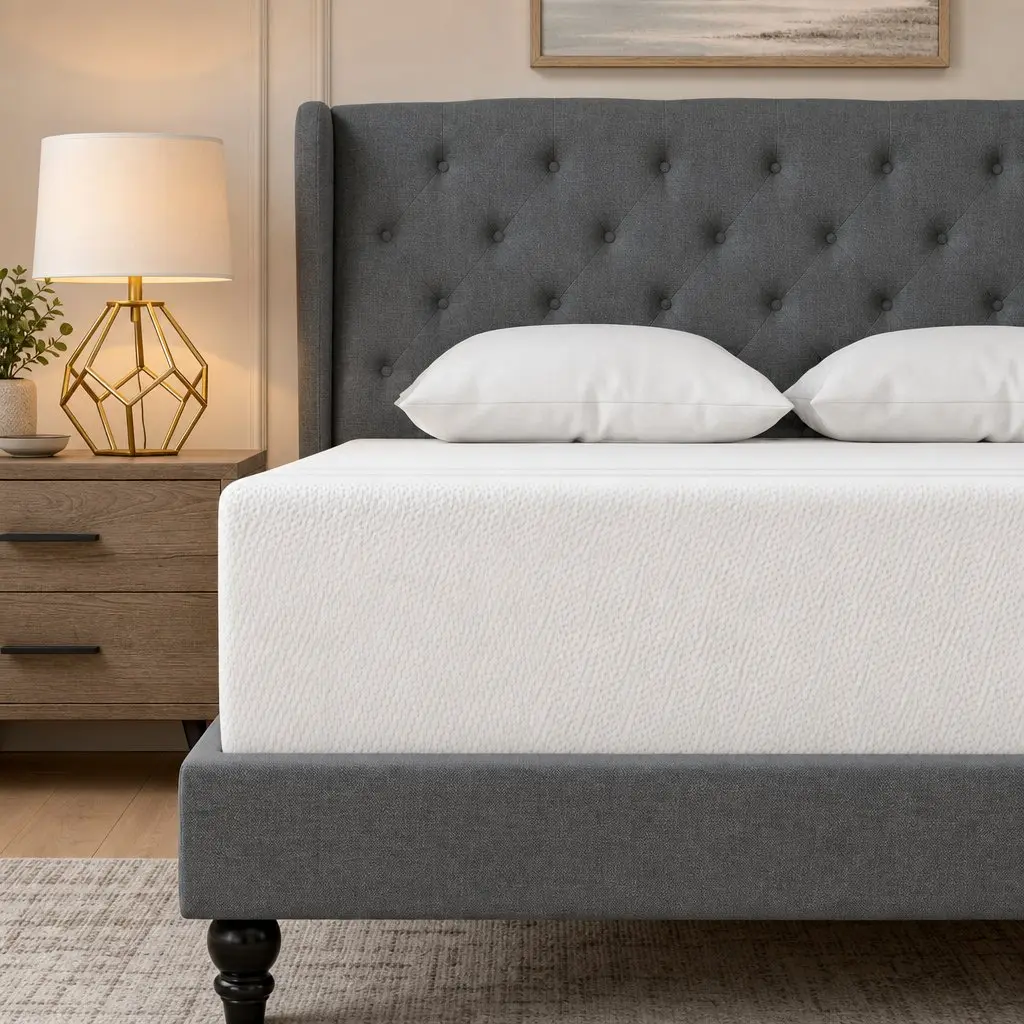 Double Bed Frame Tufted Wing Headboard Grey with Memory Foam Mattress Medium